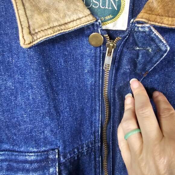 VTG Austin Heavy Denim Jacket Leather Collar XL Insulated Barn Coat Action Back - Picture 5 of 16